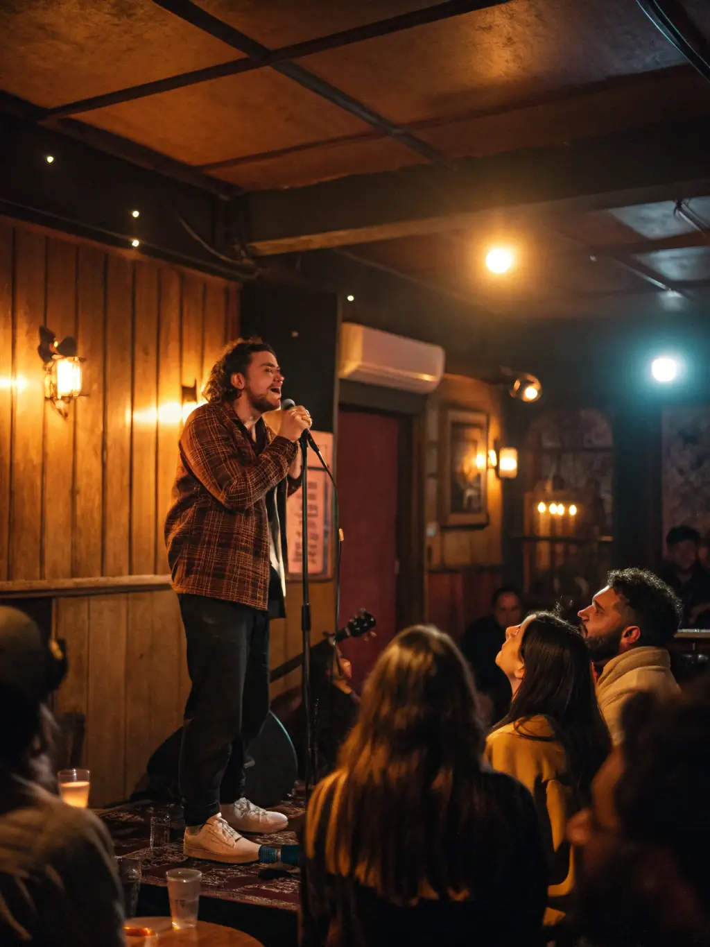 A vibrant image of a live French chanson performance in a cozy venue, showcasing the artist on stage with warm lighting and an engaged audience.