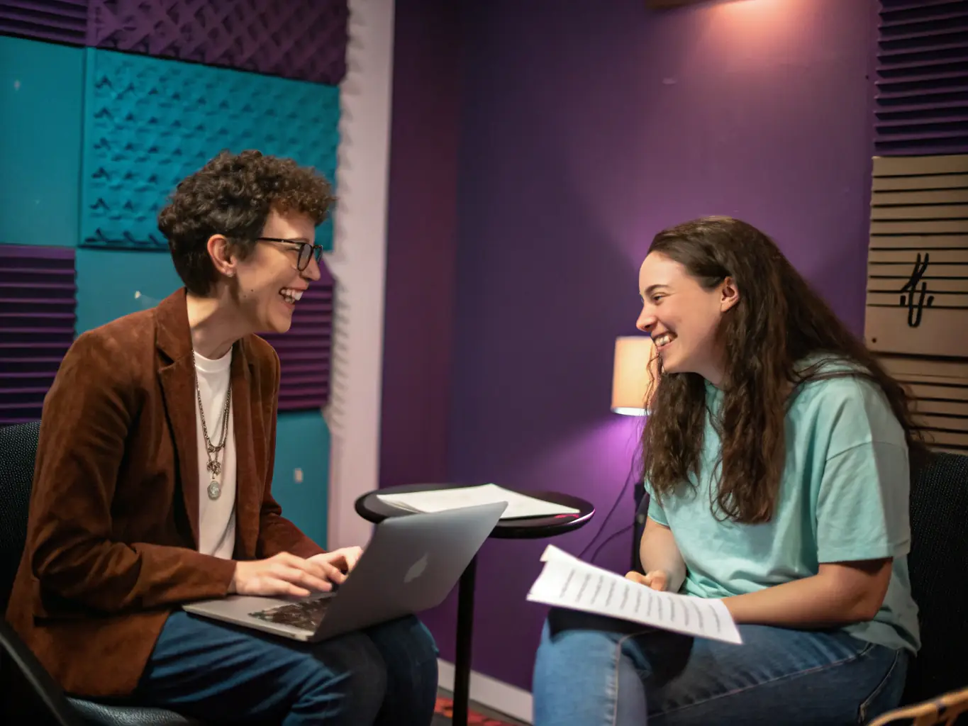 A photo of a talent development workshop, featuring a mentor guiding young artists in vocal techniques and musical expression.