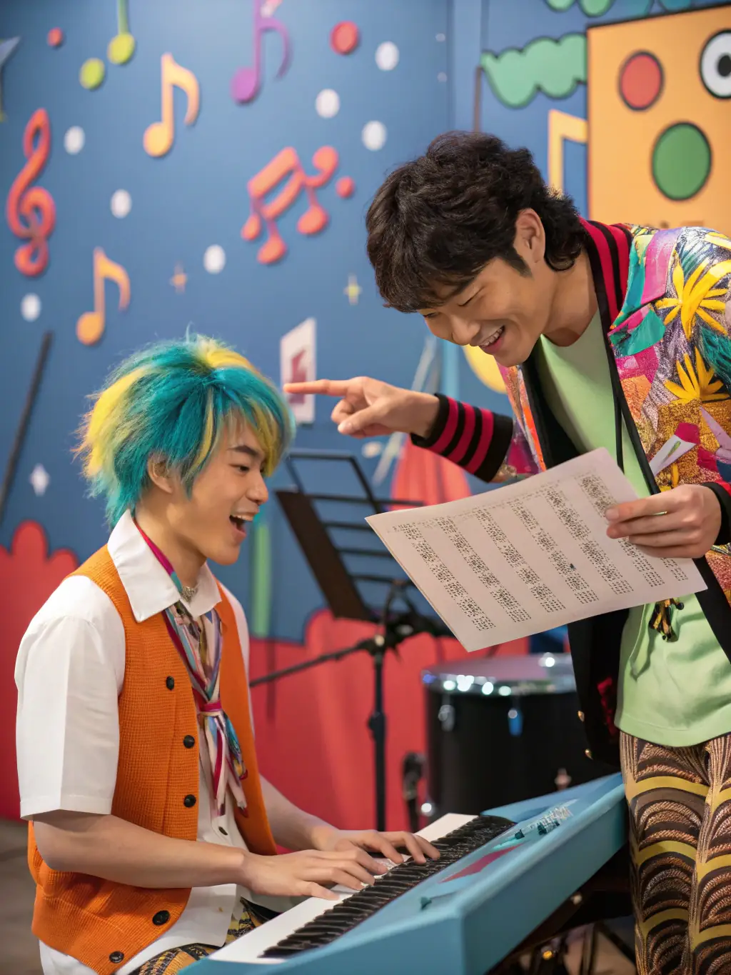 A group of young, aspiring musicians participating in a talent development workshop, receiving guidance and mentorship from experienced chanson artists, illustrating the nurturing environment.