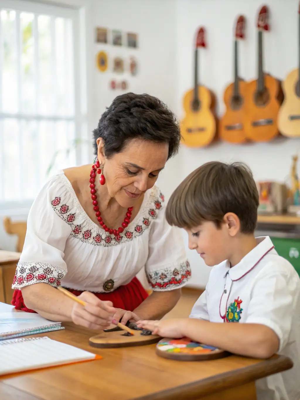 A photo of a mentor guiding a young, aspiring French chanson singer during a vocal coaching session, emphasizing the nurturing environment of the talent development program.
