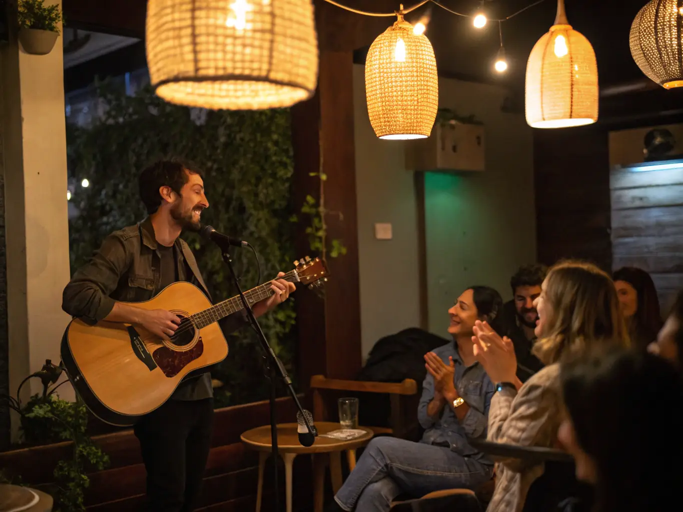 A vibrant image of a French chanson performance in a cozy, intimate venue, showcasing a singer with a guitar and a captivated audience.