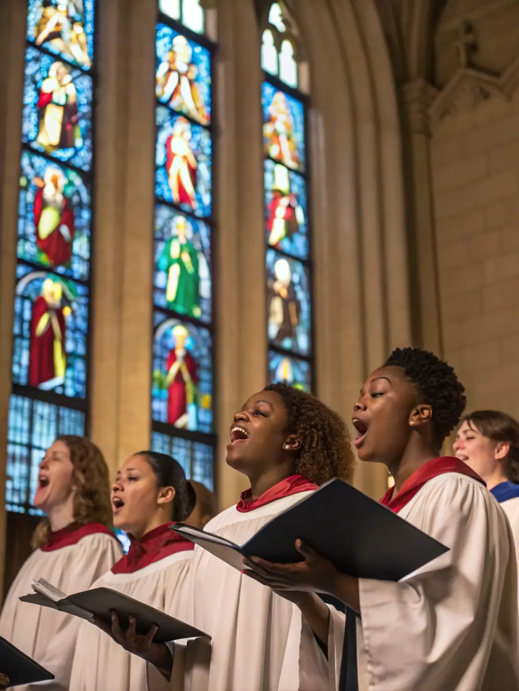 A group of diverse people singing together in a choir, celebrating French chanson.