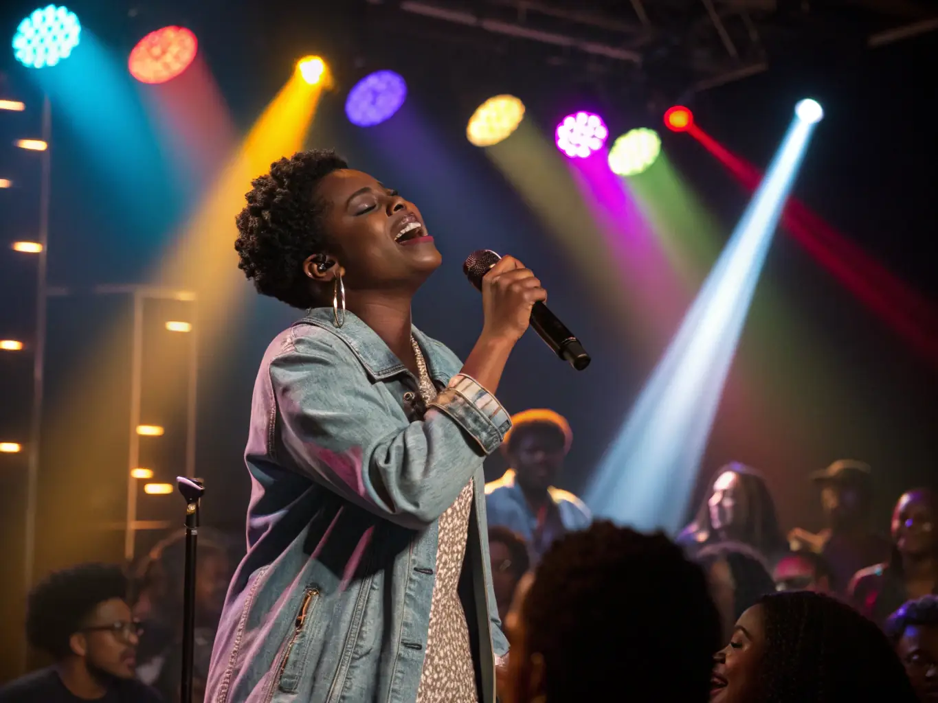 A vibrant stage performance featuring a French chanson singer under warm spotlights, capturing the essence of a live musical event.
