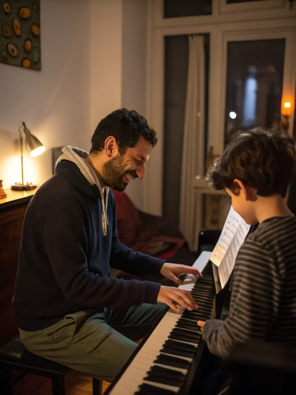 A photo of a young singer receiving coaching from a seasoned musician in a rehearsal space.
