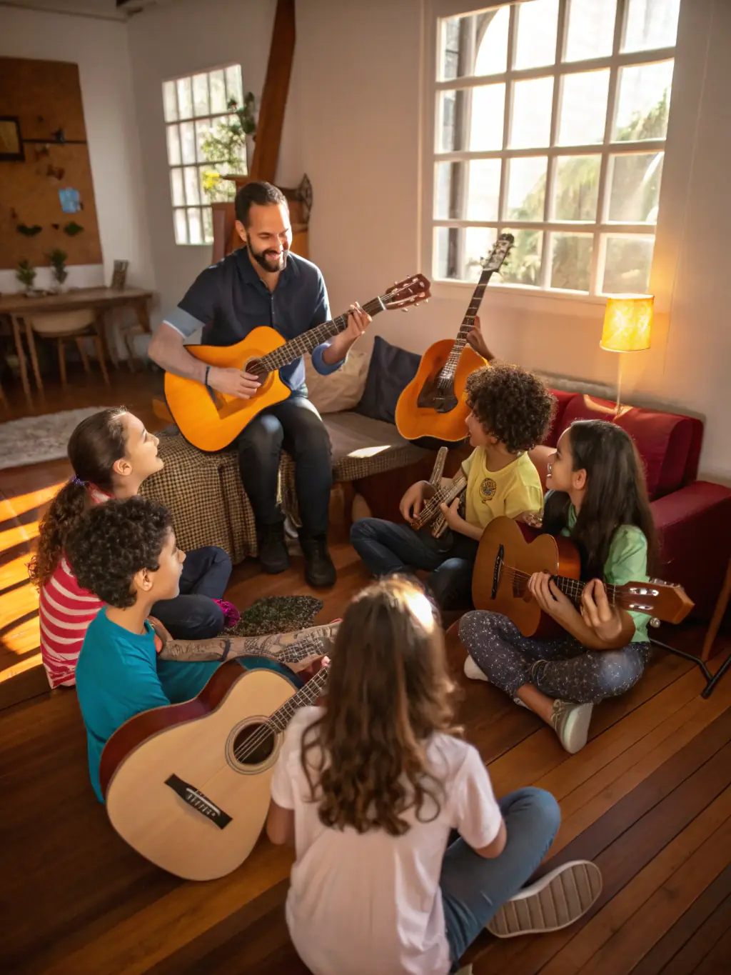 An image of a group of people participating in a French chanson workshop, learning about the history and techniques of the genre from an expert instructor.