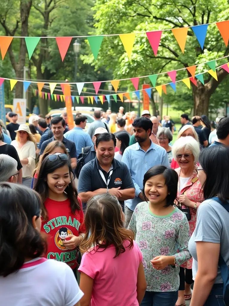 A photo of a community event organized by DEUX CHANTEURS DANS LA VILLE, showing people of all ages enjoying French chanson music and celebrating together, highlighting community engagement.