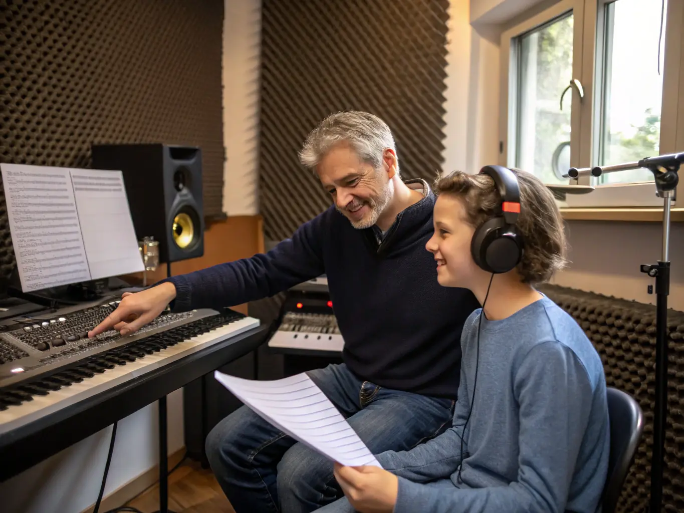 A focused shot of a mentor guiding a young artist during a talent development workshop, emphasizing skill-building and artistic growth.